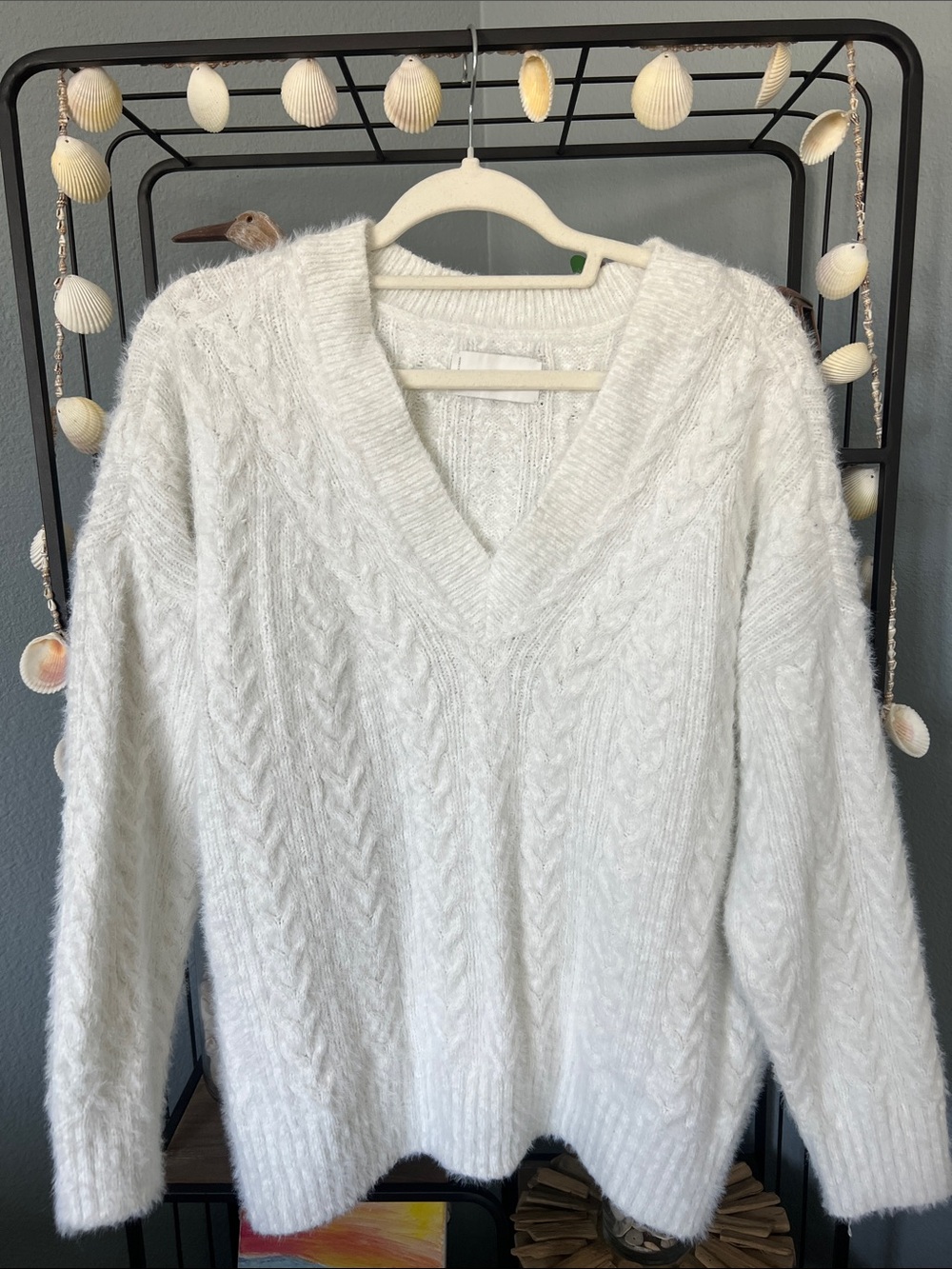EUC Lucky Brand Fuzzy V-Neck Cable Knit Sweater Large